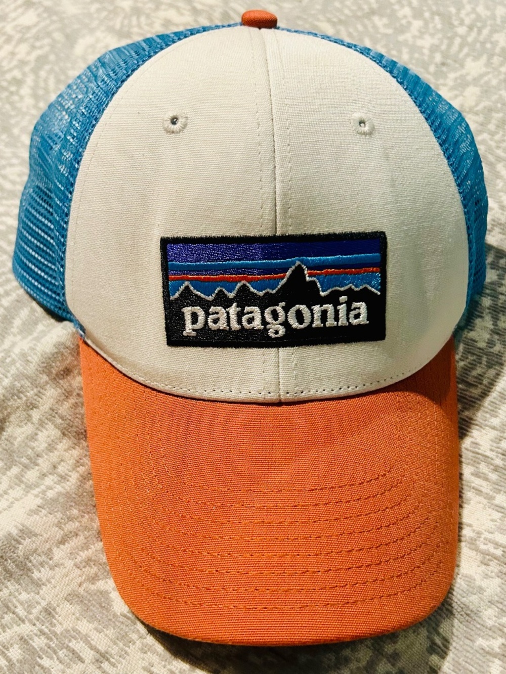 Patagonia P-6 Logo Trucker Hat Blue Orange White Mesh Snapback Cap